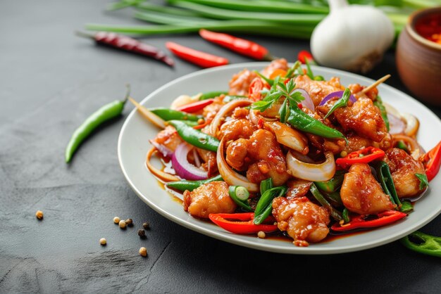 Op het bord staat gebakken kip, uien, sjalotten, hete paprika's.