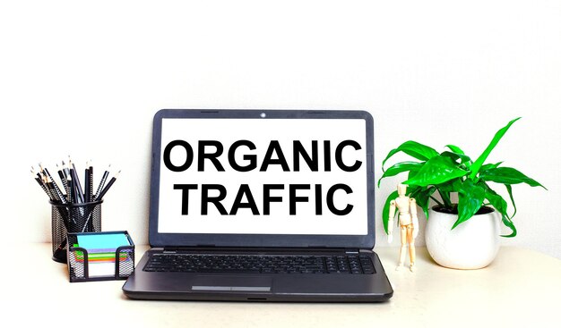 Op het bureaublad staat een potplant, briefpapier en een opengeklapte laptop met de tekst organic traffic op het scherm. thuiskantoor.