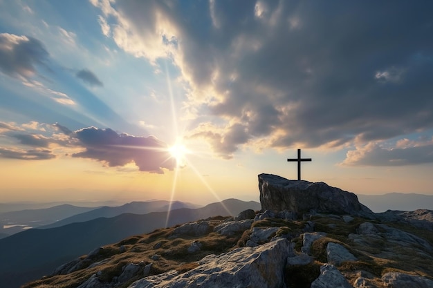 op het kruis op de berg symbool van de kruisiging in de stralen van de opkomende zon geloof hoop