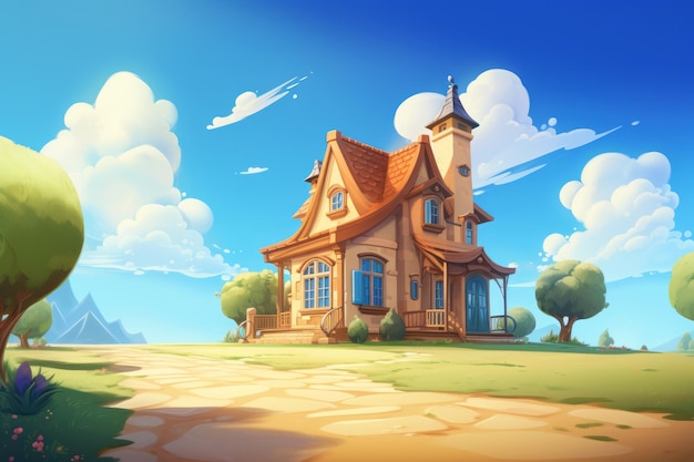 Op het platteland cartoon huis charmant woongebouw in de zomer achtergrond sprookje concept