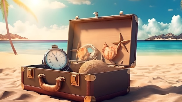 Op het strand staat een koffer met een klok erop.