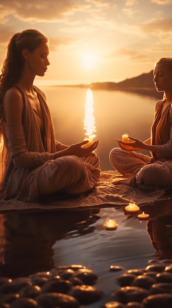 Foto op het strand zijn er groepsmeditatie- en yogalessengenerative ai