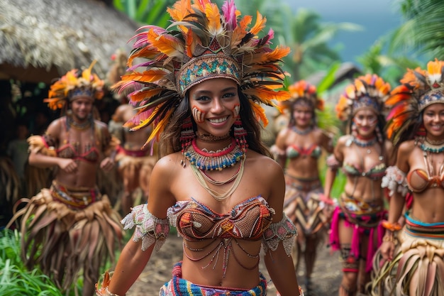 Foto op het traditionele festival dansen de lokale inwoners in kostuums op muziek die de lucht vult