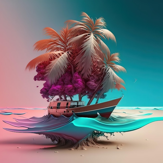 Op het water ligt een boot met palmbomen op de achtergrond.