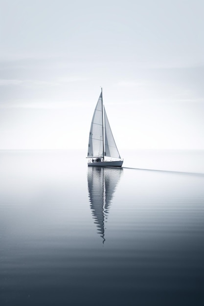 Foto op het water vaart een zeilboot met een wit zeil.