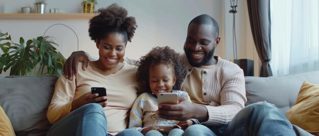 Op het weekend getrouwd divers paar met kleine dochter zitten op de bank in de woonkamer thuis Positieve moeder en vader kijken naar cartoon video's online plezier met klein meisje