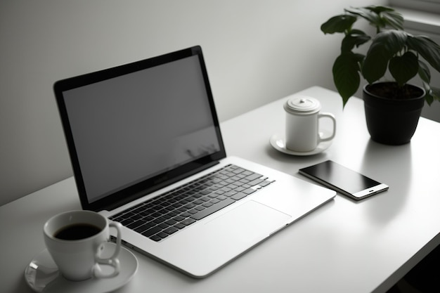 Op het werk een laptop en een bureau Scherm leegte en witruimte een laptop met een leeg scherm accessoires en zakelijke kleding