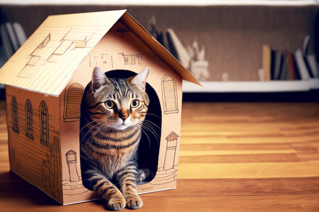 Op hun hoede kat zit in schattig kartonnen huis met geschilderde ramen en dakpannen