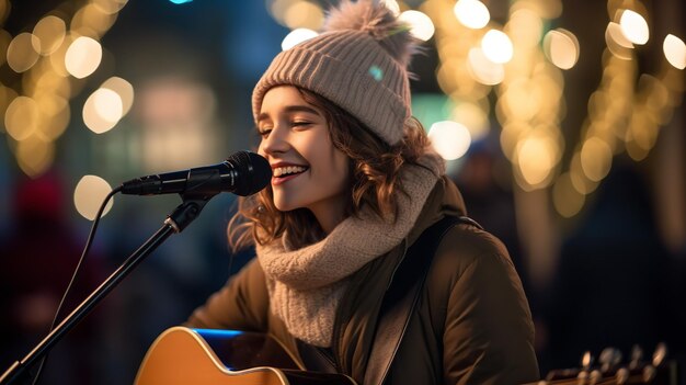 Op kerstavond zingt en speelt een jonge vrouw gitaar buiten.