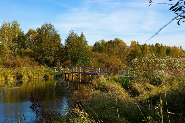 Op maat gemaakte, zelfgemaakte voetgangersbrug over de rivier. herfst landschap.