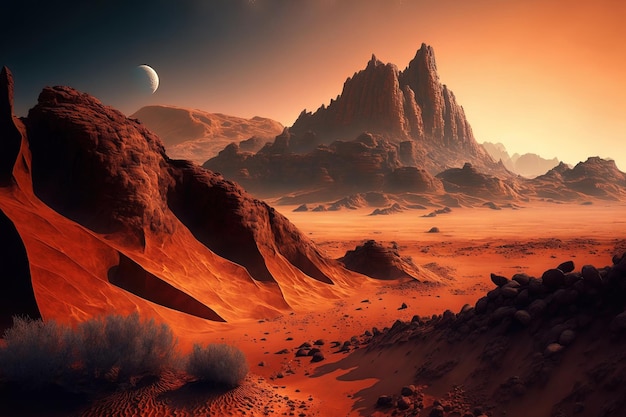 Op Mars zijn bergen te zien in het dorre landschap Afbeelding van een Marsachtig landschap