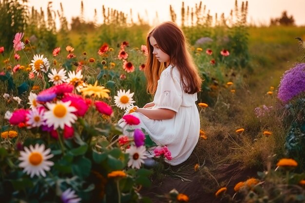 Op Moedersdag zitten moeder en dochter om twaalf uur in een weide van bloemen.