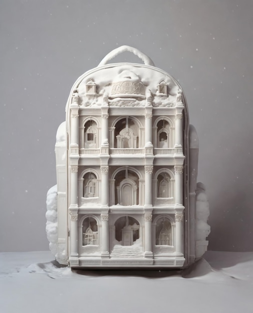 Op renaissancearchitectuur geïnspireerde tassen met sneeuw erop