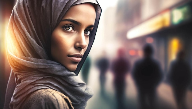 Op straat staat een vrouw met een sjaal om haar hoofd.