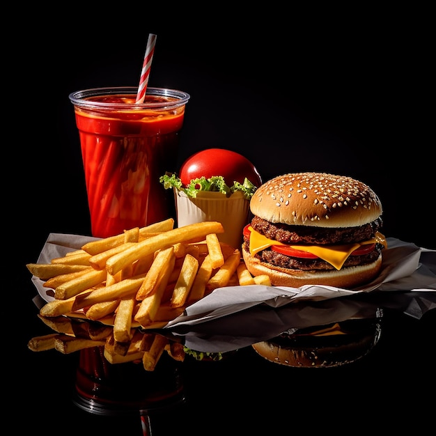 Op tafel staan een hamburger en een bakje frisdrank.