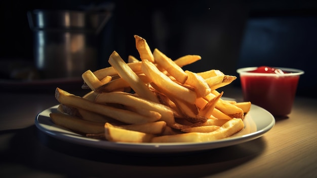 Op tafel staat een bord friet en een bakje ketchup.