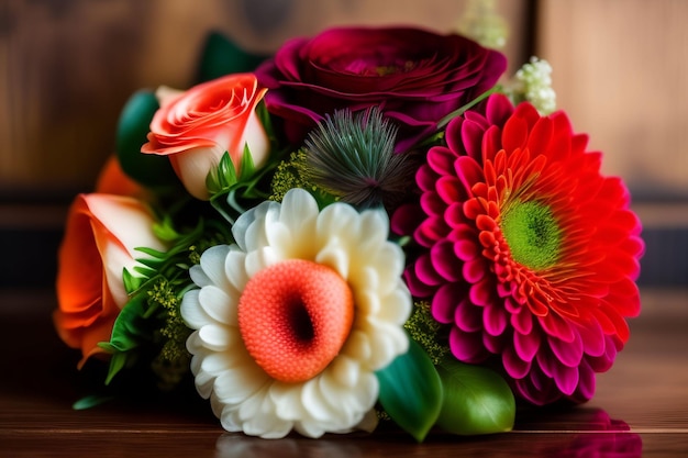 Op tafel staat een bos bloemen.