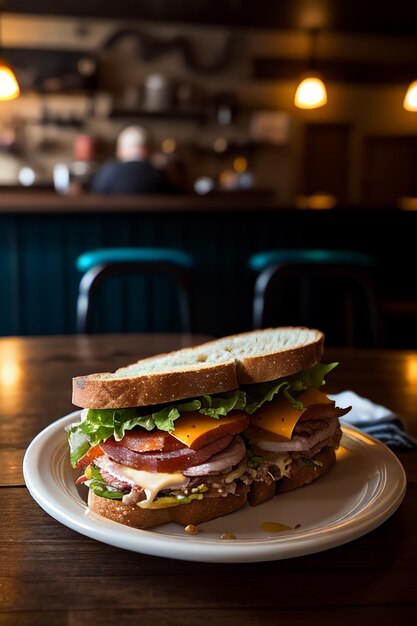 Op tafel staat een broodje met ham, sla en kaas.