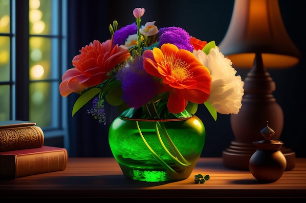 Op tafel staat een groene vaas met bloemen erop.