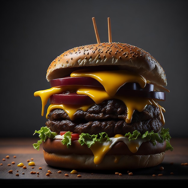 Op tafel staat een hamburger met kaas en tomatensaus.