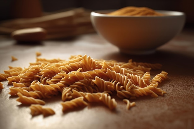 Op tafel staat een kom pasta naast een kom zout.