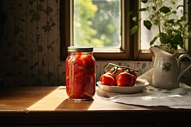 Op tafel staat een pot tomatensaus naast een bord tomaten.