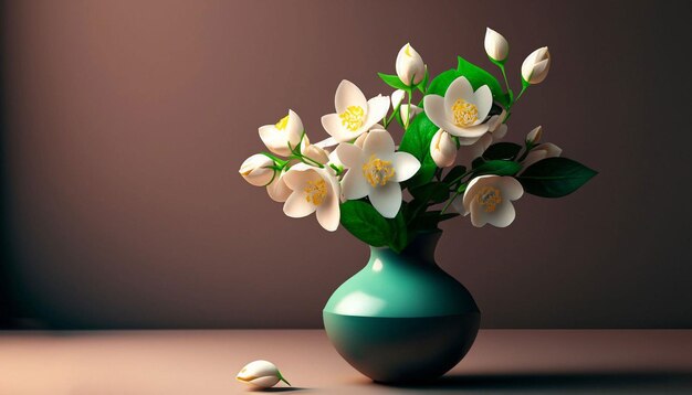 Op tafel staat een vaas met bloemen.