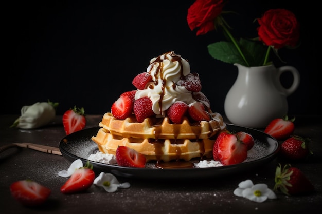 Op tafel staat een wafel met aardbeien en slagroom.