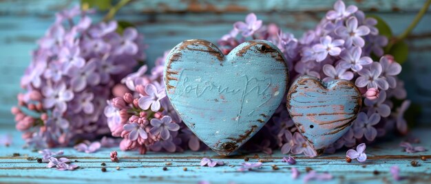 Op versleten houten planken zijn lila bloemen met wilde rozen een rond fotoram en twee harten te zien. De achtergrond is bedekt met rozen.