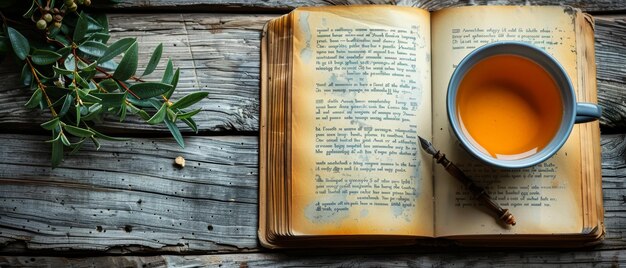 Foto op witte houten planken staat een oud boek met een decoratieve kaart, een pen en een kop thee.