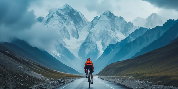 Op zoek naar sensatie fietser gefascineerd door prachtige berglandschappen Ruime kopieerruimte beschikbaar