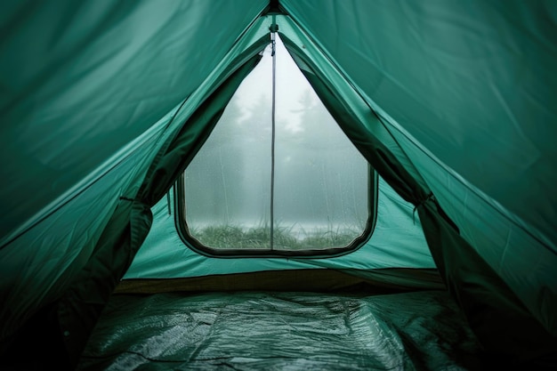 Foto op zoek naar toevlucht en warmte in een tent bij slecht weer