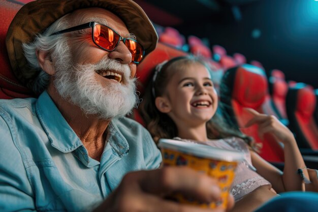 Opa en kleindochter genieten van film gelach