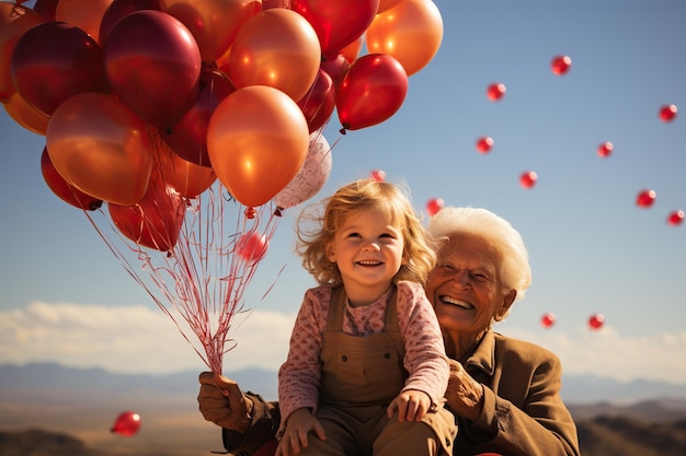 Opa en kleindochter met ballonnen.