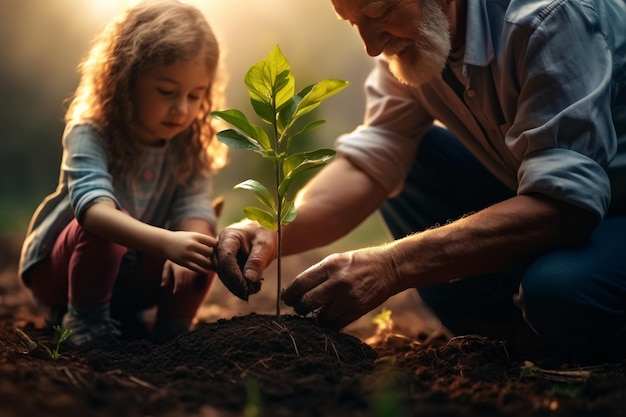 Opa en kleine kleindochter planten samen een boom gegenereerd door AI