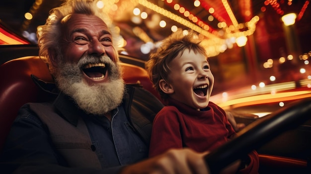 Opa en kleinzoon glimlachen en hebben plezier terwijl ze in een pretpark met een bumperwagen rijden