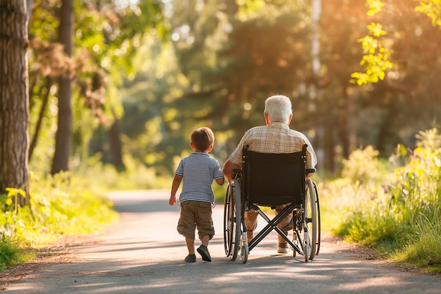 Foto opa in rolstoel en kleinzoon op een wandeling in de zomer