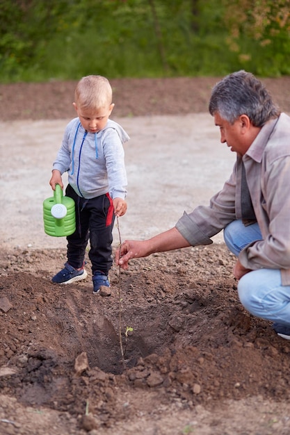 Opa met kleinzoon plant jonge boom in de tuin Voorjaarswerk Vrijwilligerswerk Lifestyle fotografie Hoge kwaliteit foto