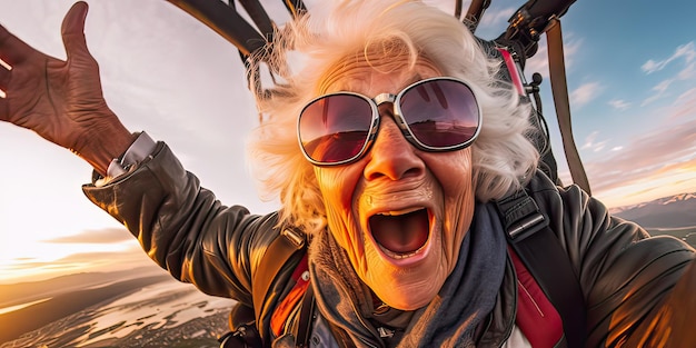 Foto opa neemt een selfie terwijl ze met de valskerm springt en in de lucht vliegt.