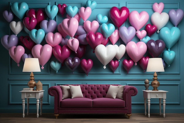 Opblaasbare hartvormige ballonnen in roze en blauw sieren de muur Gender party Generative AI