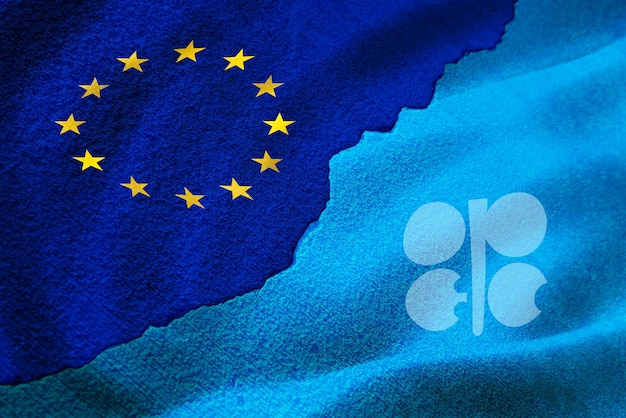 Opec versus de EU, de relatie van de Europese Unie verkeert in een crisis met OPEC, 3D-renderingvlagachtergrond