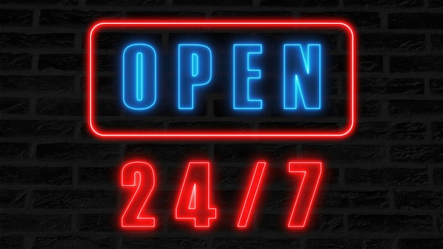 Open 247 neonreclame retro-stijl uithangbord voor bar of club 3d render computer gegenereerde achtergrond