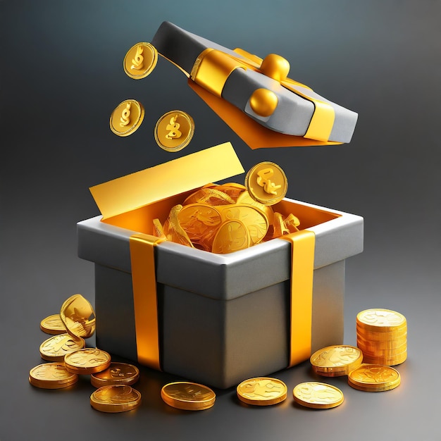 Open 3D geschenkdoos icoon met drijvende gouden munten Gouden munt in geschenk doos verrassing geld geschenk loyaliteit...