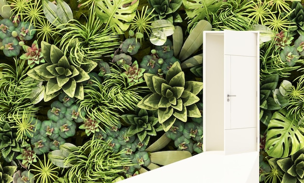 Open abstract white door to a green environment concept future\
realistic 3d render illustration