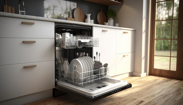 Open afwasmachine met schone schotels binnen in keuken Generatieve Ai