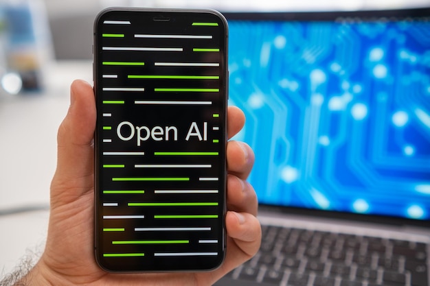 Open AI artificial intelligence logo on the screen of mobile phone and neural network