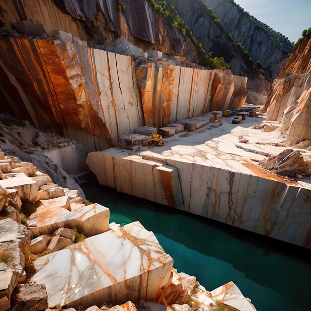 Photo open air quarry mine with cut rocks for mining and construction