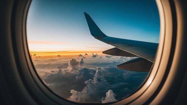 Photo open airplane windows with a magnificient sky above the clouds view