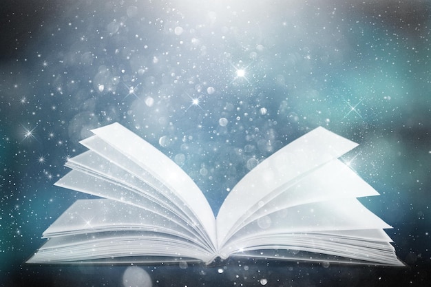 Open antique book with glitter stars and space background