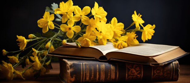 Open antique book with yellow flowers